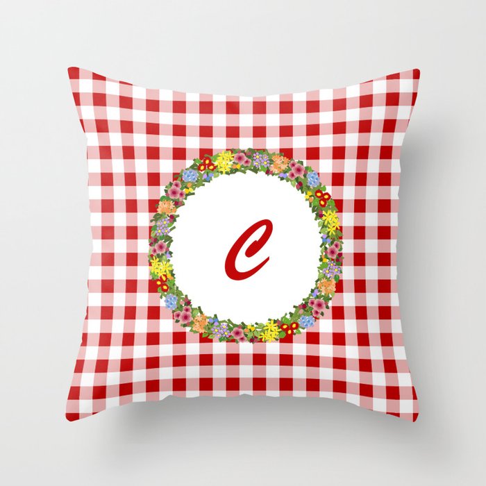 Floral Monogram - red C Throw Pillow