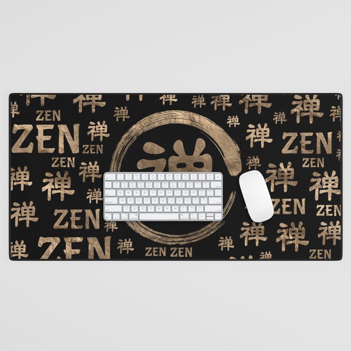 Enzo Circle Zen symbol and word pattern on black Desk Mat