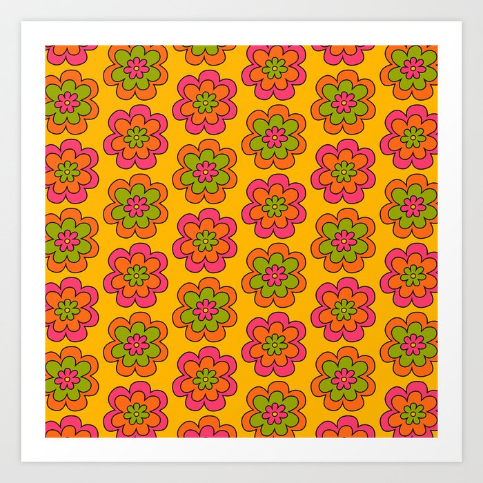 Retro 1970s Style Floral Pattern 535 Pink Orange Yellow and Green Art Print