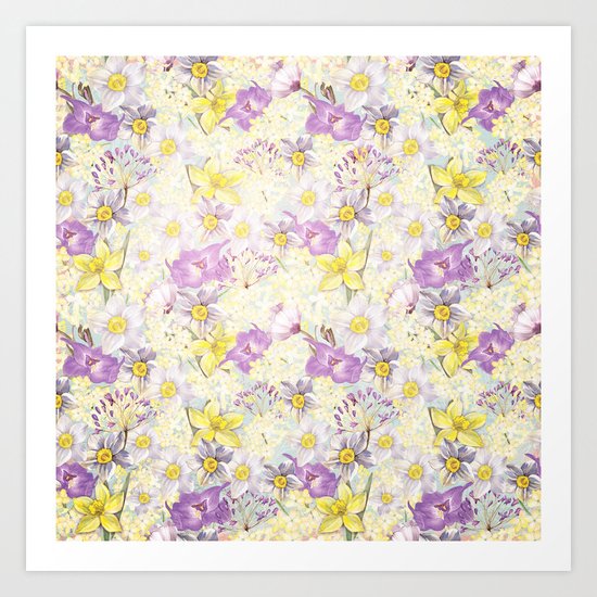 Vintage pattern- Spring in purple and yellow- daffodils and anemones Art Print