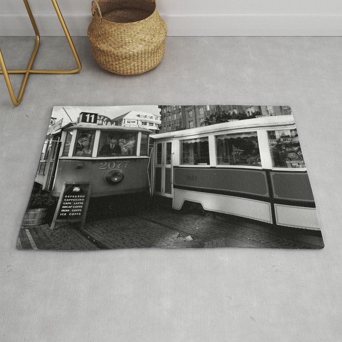 Cafe in the tram in the historical part of Prague. Rug