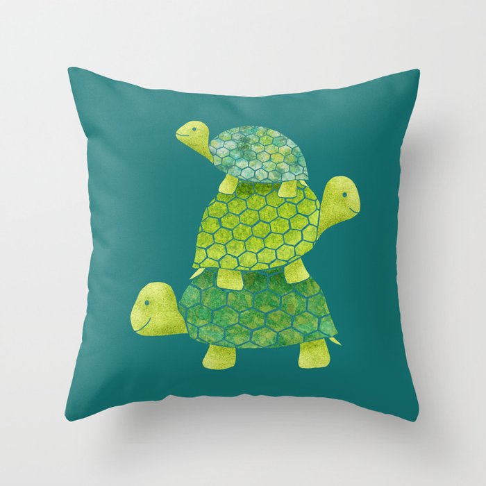 Turtle Stack Family in Teal and Lime Green Throw Pillow