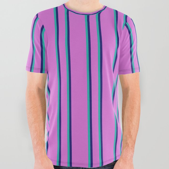 Orchid, Midnight Blue, and Light Sea Green Colored Striped Pattern All Over Graphic Tee