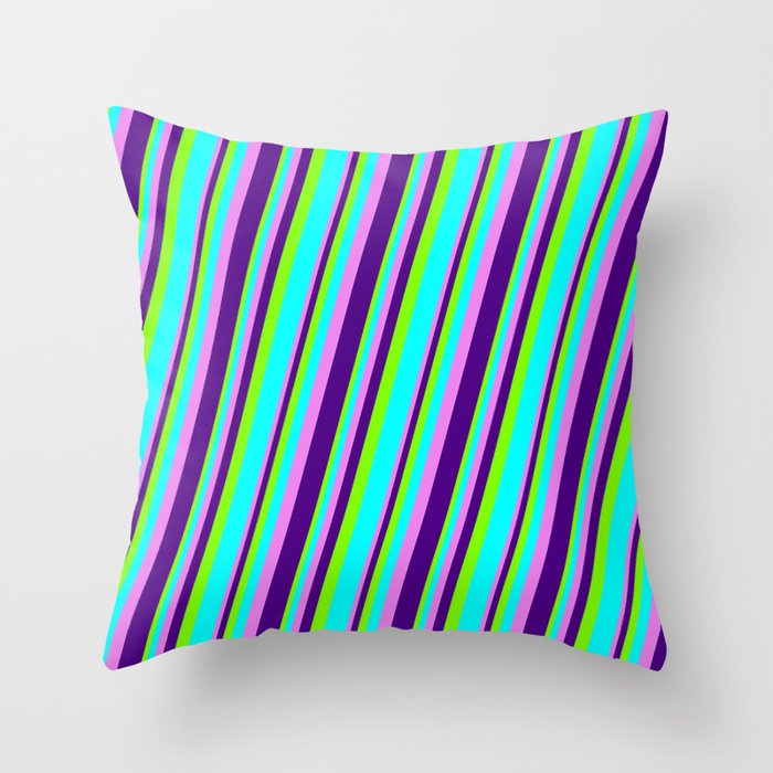 Chartreuse, Aqua, Violet, and Indigo Colored Striped/Lined Pattern Throw Pillow