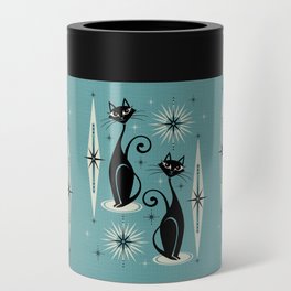 Mid Century Meow Retro Atomic Cats on Blue Can Cooler