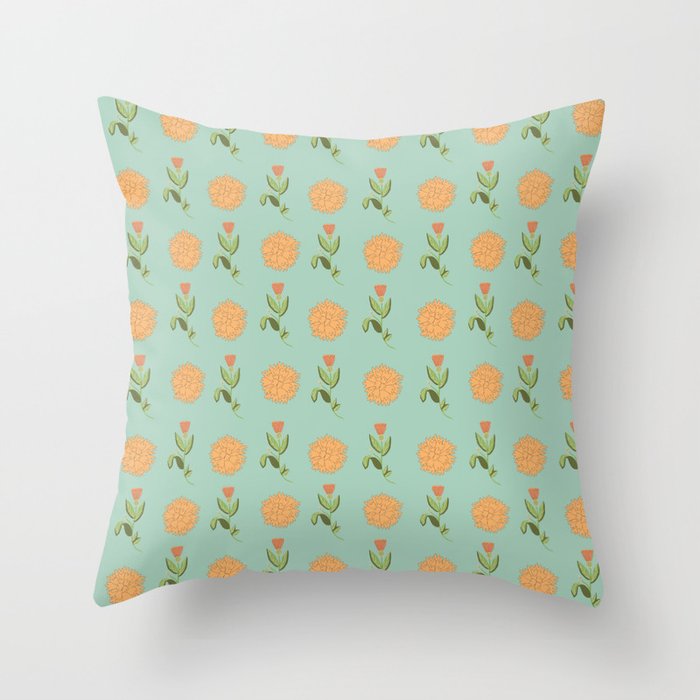 Floral Half-Drop Pattern in Orange and Aqua Blue Throw Pillow