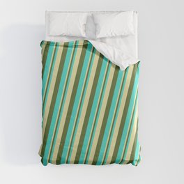 [ Thumbnail: Pale Goldenrod, Dark Olive Green & Turquoise Colored Lines Pattern Duvet Cover ]