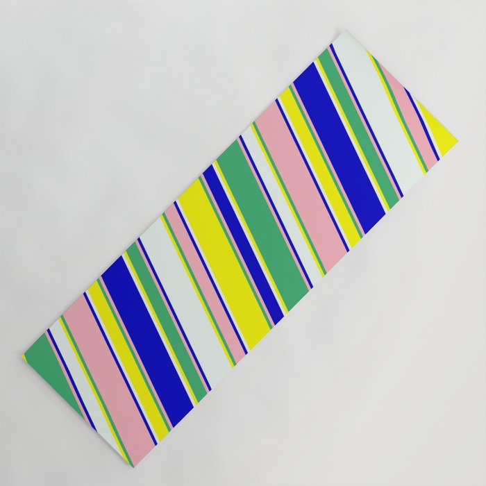 Eyecatching Mint Cream, Yellow, Sea Green, Light Pink & Blue Colored Lines/Stripes Pattern Yoga Mat