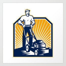 Mower Art Prints Society6 Gardener Mowing Lawn Mower Retro Art Print