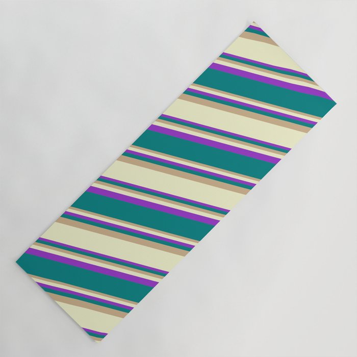 Tan, Light Yellow, Dark Orchid, and Teal Colored Stripes Pattern Yoga Mat