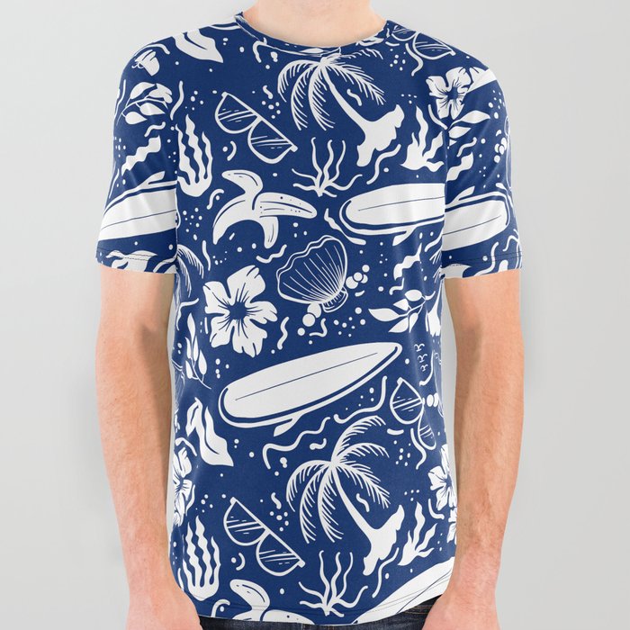 Blue and White Surfing Summer Beach Objects Seamless Pattern All Over Graphic Tee