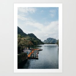 Ninh Binh Boats Lined up along the River Bank Art Print | Photo, Sun, Sunny Day, Boat Ride, Green, Travel Photography, Ninh Binh, River, Boat Trip, Boat 