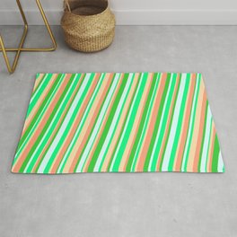 [ Thumbnail: Vibrant Light Cyan, Green, Tan, Light Salmon & Lime Green Colored Striped Pattern Rug ]