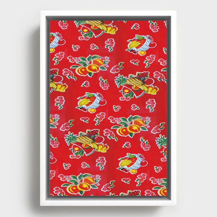 Peaches Red Mexican Fabric Vibrant Oilcloth Framed Canvas