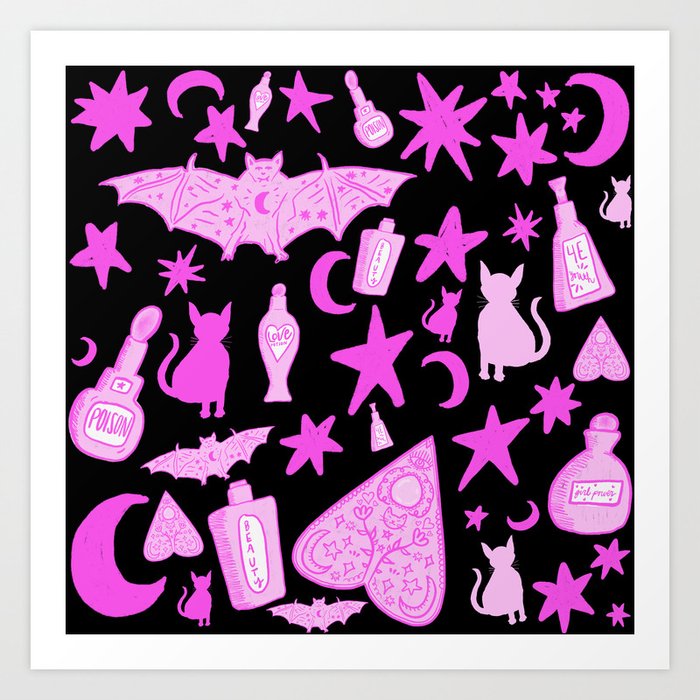 Mystical Halloween Doodles, Girly Pink over Black Art Print