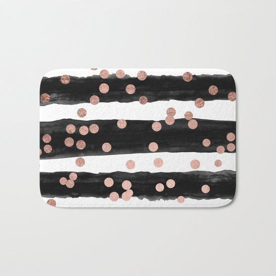 Girly rose gold confetti black watercolor stripes Bath Mat