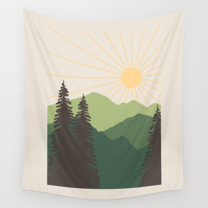 Sunny Mountain Morning in evergreen Wall Tapestry