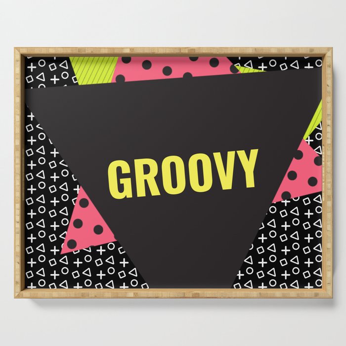 Memphis Throwback Retro Groovy 1990s 90s Trendy Hipster Pattern Black Serving Tray