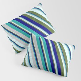 [ Thumbnail: Blue, Light Sea Green, Light Gray, Light Cyan & Dark Olive Green Colored Pattern of Stripes Pillow Sham ]