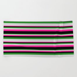 [ Thumbnail: Forest Green, Light Gray, Deep Pink, and Black Colored Stripes Pattern Beach Towel ]