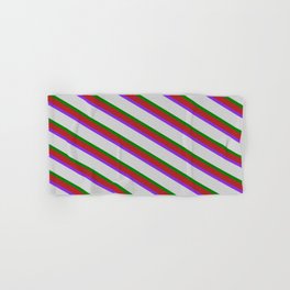 [ Thumbnail: Red, Purple, Light Grey & Green Colored Lines Pattern Hand & Bath Towel ]