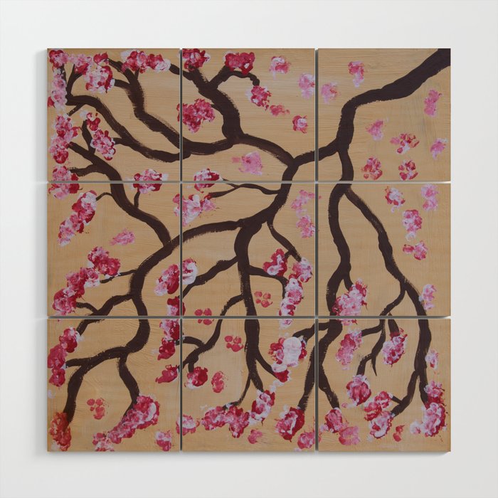Pink cherry tree branch art on yellow background Wood Wall Art