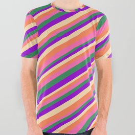 [ Thumbnail: Eyecatching Coral, Hot Pink, Sea Green, Dark Violet, and Tan Colored Pattern of Stripes All Over Graphic Tee ]