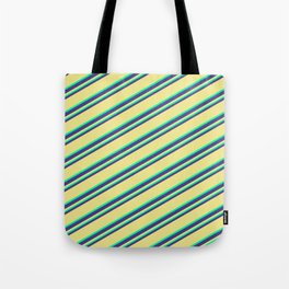 [ Thumbnail: Dark Slate Blue, Tan, and Green Colored Striped Pattern Tote Bag ]