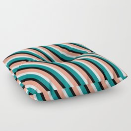 [ Thumbnail: Dark Salmon, Light Cyan, Teal & Black Colored Lined/Striped Pattern Floor Pillow ]