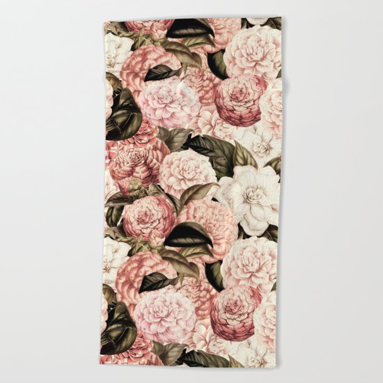 Vintage & Shabby floral camellia flowers watercolor pattern Beach Towel