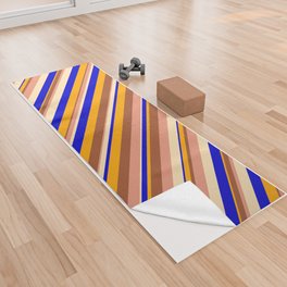 [ Thumbnail: Eyecatching Beige, Dark Salmon, Sienna, Orange, and Blue Colored Striped/Lined Pattern Yoga Towel ]