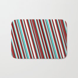 [ Thumbnail: Turquoise, Maroon, Brown & Mint Cream Colored Pattern of Stripes Bath Mat ]