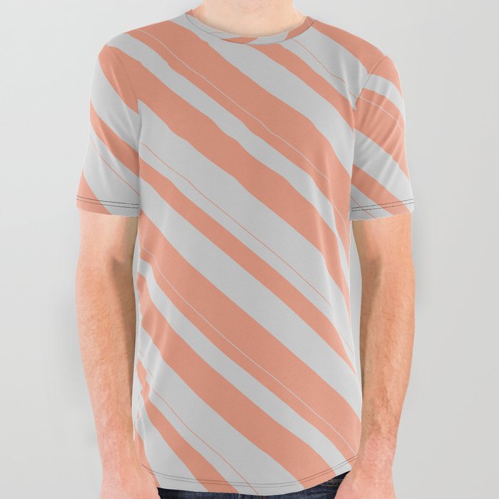 Light Gray & Dark Salmon Colored Lines/Stripes Pattern All Over Graphic Tee
