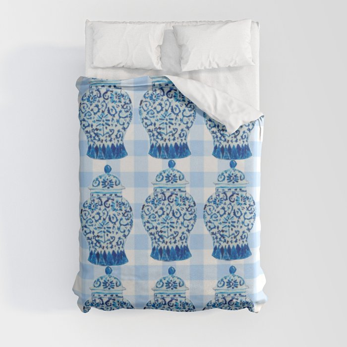 Blue and White Ginger Jar Gingham  Duvet Cover