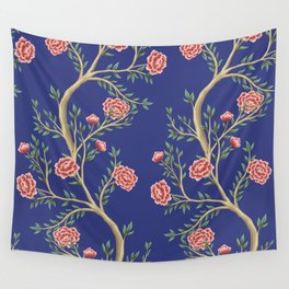Vintage garden rose flower tree floral seamless pattern blue background. Exotic chinoiserie hand drawn.  Wall Tapestry