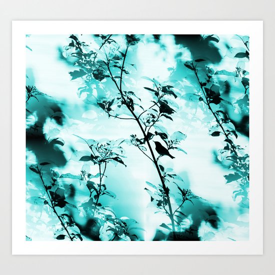 Silhouette of songbird on a branch in turquoise variation Art Print
