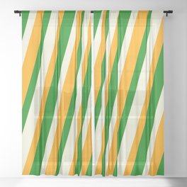 [ Thumbnail: Beige, Orange & Green Colored Lined/Striped Pattern Sheer Curtain ]