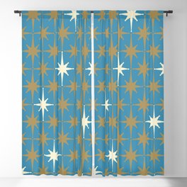 Atomic Age Retro Starburst Mid-century Modern Pattern in Burnished Gold, Cream, and 50s Blue Blackout Curtain