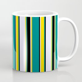 [ Thumbnail: Teal, Yellow, Lavender & Black Colored Striped Pattern Coffee Mug ]