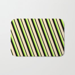 [ Thumbnail: Light Green, Black & Bisque Colored Lined Pattern Bath Mat ]