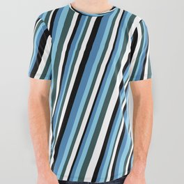 [ Thumbnail: Eyecatching Blue, Sky Blue, Dark Slate Gray, White, and Black Colored Stripes Pattern All Over Graphic Tee ]