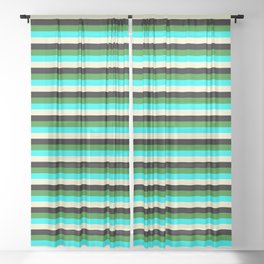 [ Thumbnail: Forest Green, Aqua, Light Yellow, and Black Colored Lined/Striped Pattern Sheer Curtain ]