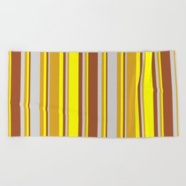 [ Thumbnail: Goldenrod, Light Gray, Sienna, and Yellow Colored Stripes Pattern Beach Towel ]