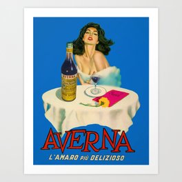Blue vintage Italian liqueur Averna Amaro Sicilia aperitif alcoholic bevarage advertising brunette sitting at cafe table advertisement poster / posters for kitchen and dining room wall decor Art Print | Graphicdesign, Barroom, Advertisement, Amaro, Kitchen, Advertising, Poster, Aperitifs, Bar, Italian 