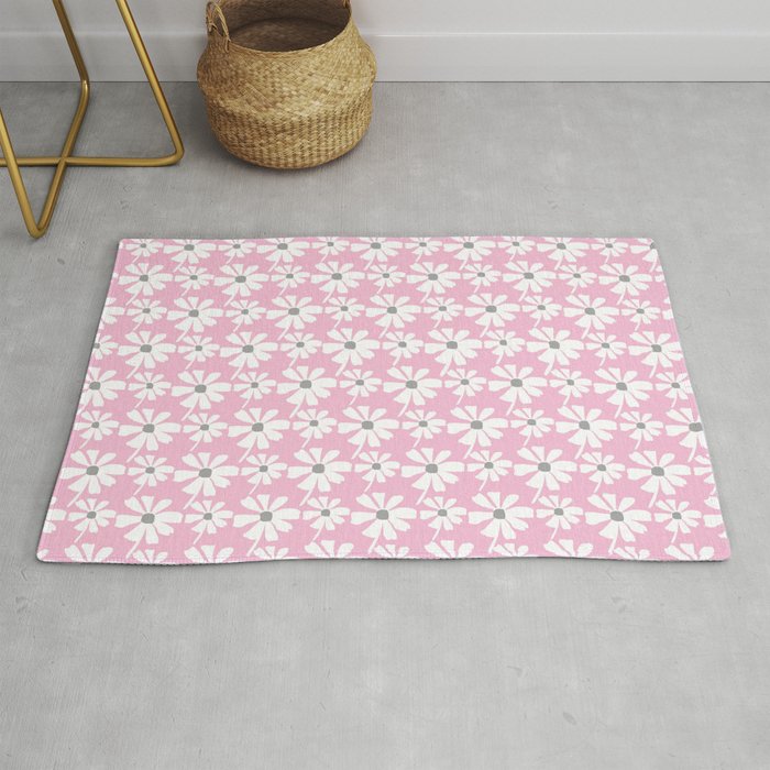Daisies In The Summer Breeze - Pink Grey White Rug