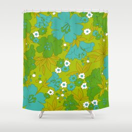 Green, Turquoise, and White Retro Flower Design Pattern Shower Curtain