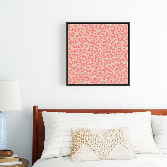 Leopard Print | Living Coral Pink with Tan Background | girly pastel |  Cheetah Framed Canvas