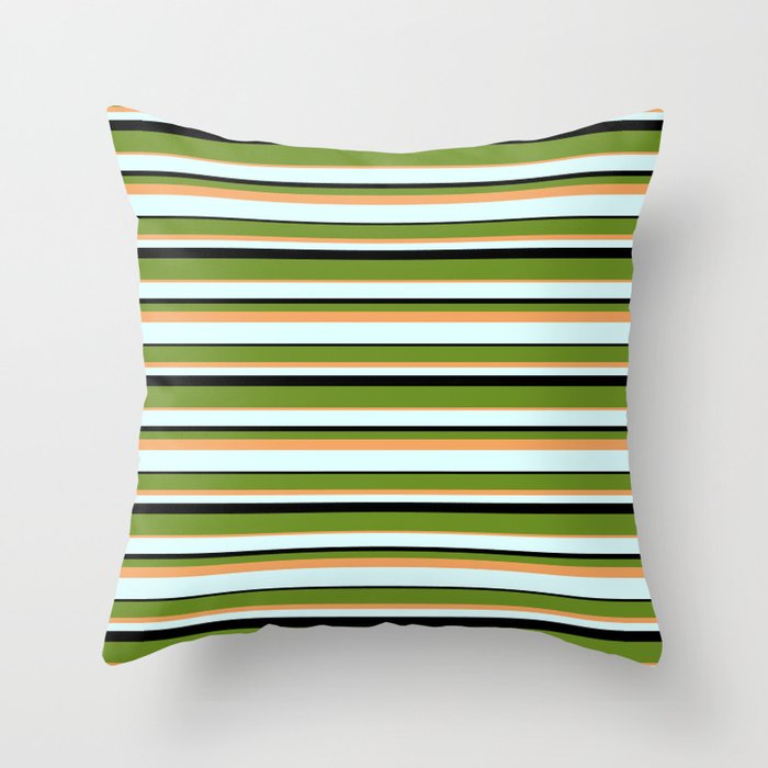 Green, Brown, Light Cyan, and Black Colored Stripes/Lines Pattern Throw Pillow