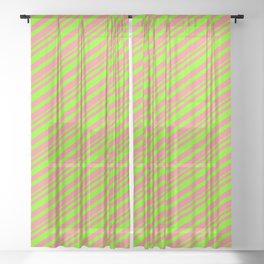 [ Thumbnail: Light Coral & Green Colored Striped Pattern Sheer Curtain ]