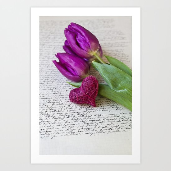 pink spring Tulips with heart Art Print